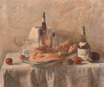 George Weissbort (1928-2013), a still life of a lobster and other objects on a tabletop, oil on