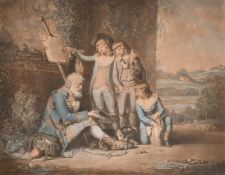 J. R. Smith after W. Bigg, 'School Boys Giving Charity to Blind Men', hand coloured mezzotint, a/f.