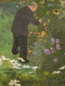 Early 20th Century Continental School, a gentleman picking flowers, oil on panel, indistinctly
