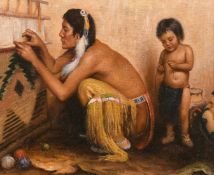 20th Century, a native American weaving with a child alongside, oil on canvas laid down,