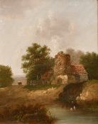 Patrick Nasmyth (1787-1831), figure on a cart by a building with ducks in a pond in the