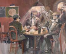 Tom Brown, 20th Century, Salford Artist, male figures in flat caps playing cards in a public
