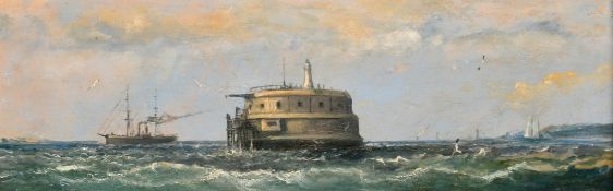 Henry Robins (1820-1892), Spitbank Fort in the Solent, oil on panel, signed and dated 1886, 6