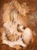 Late 20th Century Russian School, a kitten beside fish, oil on canvas, indistinctly signed,