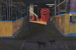 A 20th Century surreal scene of a figure running in street, pastel, indistinctly signed, 26