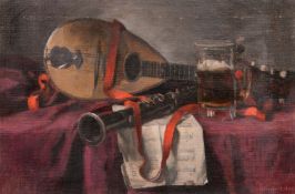 George Weissbort (1928-2013), a still life study featuring instruments, oil on canvas laid down, 14