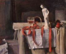 George Weissbort (1928-2013), still life study of a figurine and sheet music, oil on canvas laid