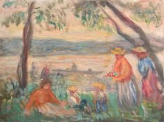 George Weissbort (1928-2013), figures gathered at a riverside picnic, oil on board, 18