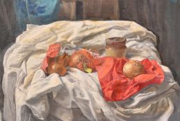 George Weissbort (1928-2013), a still life of onions on a tablecloth, oil on canvas laid down, 15