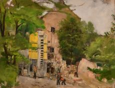 George Weissbort (1928-2013), figures gathered outside a country house, oil on board, signed, 11