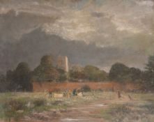 George Weissbort (1928-2013), workers in a field with a church beyond, oil on board, 28.75