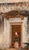 Continental School, Circa 1883, female figure in a doorway, oil on panel, indistinctly signed, 12.5