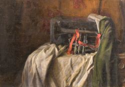George Weissbort (1928-2013), a still life of a cornet and ribbon on a tablecloth, oil on canvas