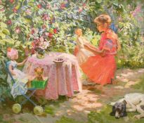 Anatoli Zhezher, 20th Century, Ukrainian, young girl in a red dress playing with her outdoors, oil