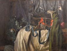 George Weissbort (1928-2013), still life featuring a cornet on a tabletop, oil on board, 18