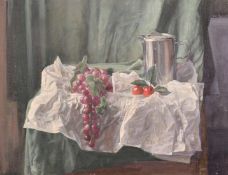 George Weissbort (1928-2013), a still life of grapes and a tea pot on a white tablecloth, oil on