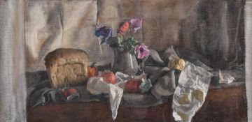 George Weissbort (1928-2013), a still life of a jug of flowers, tomatoes and a loaf of bread, oil on