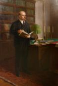 20th Century Soviet Subject, Lenin stood in an office holding a book, oil on canvas, 72.5