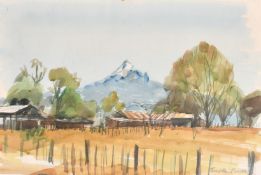 Timothy Brooke (20/21st Century) Kenyan, a view of a homestead with a mountain in the distance,