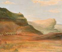 Probably American School, Circa 1900, a view of a Native American Encampment in a valley, oil on