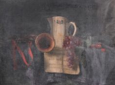 George Weissbort (1928-2013), a still life study of a bugle and white jug, oil on canvas laid