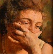 George Weissbort (1928-2013), an oil on board head study of a female figure covering her mouth