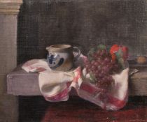 George Weissbort (1928-2013), a still life of grapes and a blue and white jug, oil on canvas laid