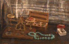 George Weissbort (1928-2013), a still life featuring a set of scales, oil on board, signed, 12