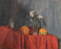 George Weissbort (1928-2013), a still life of roses in a glass vase and gourds, oil on canvas laid