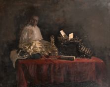 George Weissbort (1928-2013), a still life of a typewriter and a decanter on a tabletop with a