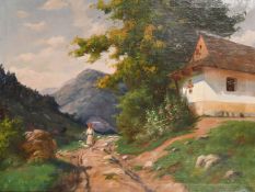 Tibor Szontagh (1873-1930), female figure on a mountain path passing a cottage, oil on canvas,