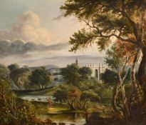 Circle of Richard Wilson, figures at a water's edge with a castle beyond, oil on canvas, 20