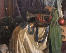 George Weissbort (1928-2013), a still life of a cornet on a tablecloth, oil on canvas laid down, 18