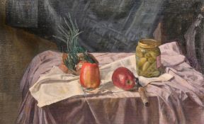 George Weissbort (1928-2013), a still life of mixed objects on a table, oil on canvas laid down, 17