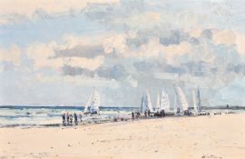 Geoffrey Chatten (b. 1938), beach scene with figures and sailing boats, oil on board, signed, 20