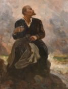 20th Century Soviet Subject, Lenin seated on a rocky outcrop with waves breaking beyond, oil on