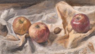 George Weissbort (1928-2013), a still life of three apples on a white cloth, oil on canvas laid