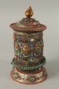 A TIBETAN DZI BEAD INLAID PRAYER WHEEL / ORNAMENT.