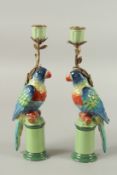A SMALL PAIR OF CONTINENTAL PORCELAIN BLUE COLOURED AND METAL CANDLESTICKS. 30cms high.