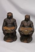 A VERY GOOD PAIR OF NOVELTY CARVED WOOD BALI MONKEY SEATS of a male and female. Signed W. WINTEN,
