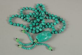 A STRING OF ONE HUNDRED TURQUOISE BEADS AND PEARLS. 80cms long.
