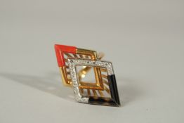 AN 18ct YELLOW GOLD 1960'S CORAL, ONYX AND DIAMOND RING.