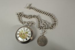 A VICTORIAN SILVER POCKET WATCH, London 1863, the face painted with a farmer with horse and