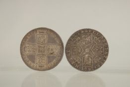 TWO GEORGE III SILVER SHILLINGS. 1758 & 1787. GF / VF