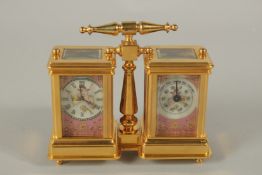 A DOUBLE MINI SEVRES DESIGN CARRIAGE CLOCK. 10cms high.