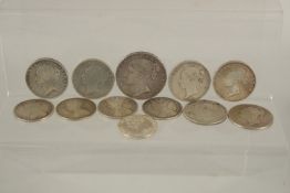 A VICTORIA GODLESS FLORIN 1849, E F AND ELEVEN VICTORIA YOUNG HEAD COINS.