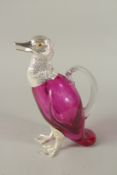 A PINK GLASS AND SILVER PLATED DUCK CLARET JUG. 25cms high.