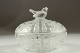 A LALIQUE CIRCULAR GLASS BOWL AND COVER, the lid with a bird handle. Etched Lalique, France. 16cms