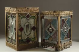 TWO SQUARE LEADED LIGHT HALL LANTERNS. 13ins & 12ins high.