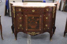 A LOUIS XVITH KINGWOOD SHAPED FRONT COMMODE, CIRCA 1780, with parquetry and marquetry panels, marble